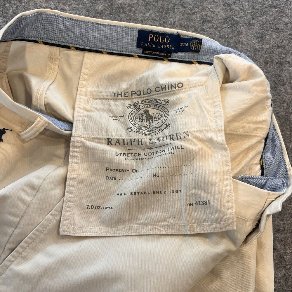Polo Ralph Lauren Men’s Stretch Cotton Twill Chino Pant Cream Color Size 33/30 - Picture 9 of 12